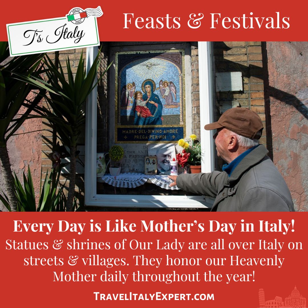 Man visiting a shrine to the Blessed Mother on a street in Italy