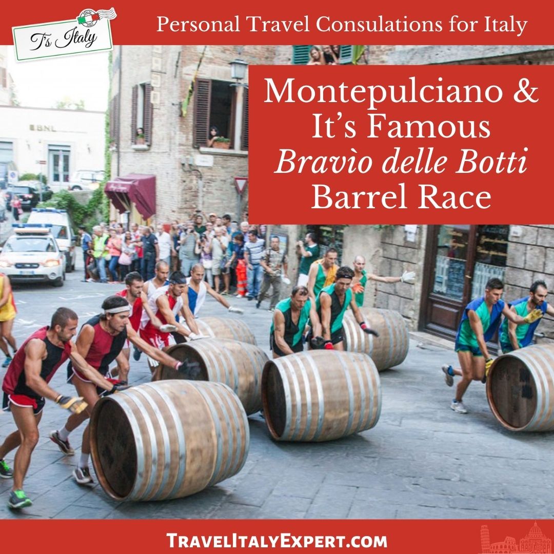 Men pushing barrels during a race in Montepulciano, Italy.