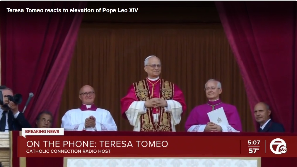 Screenshot of Pope on balcony, Teresa Tomeo being interviewed about story.