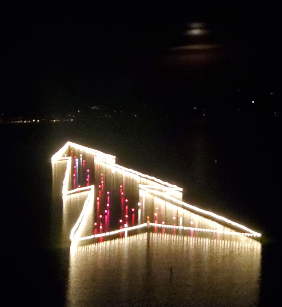 Gigantic Christmas tree made of lights on a lake.