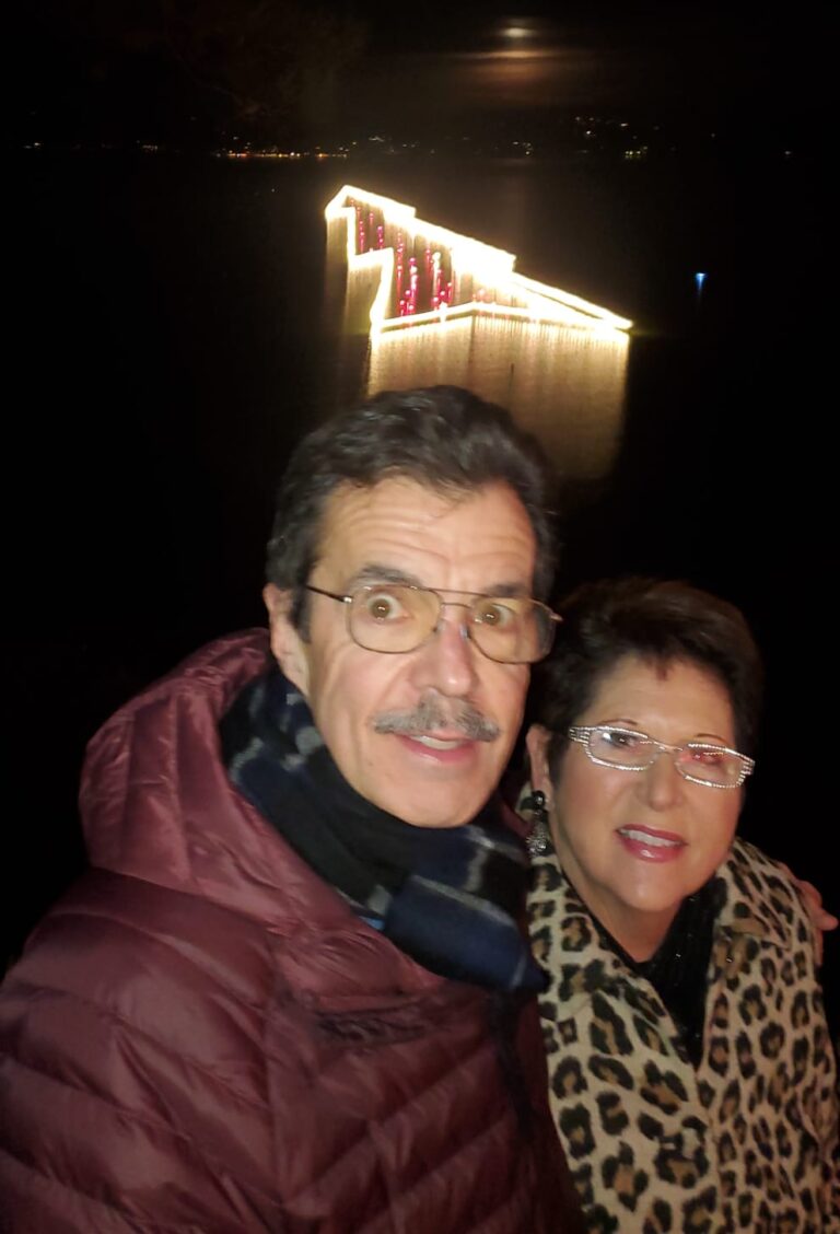 Teresa and Dominick with Lake Trasimeno's Christmas Tree in the background