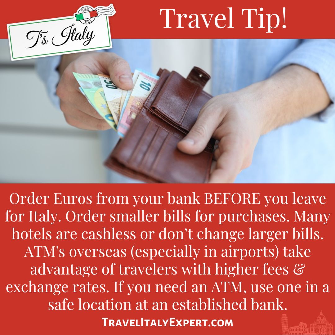 Travel Tip: Get Euros from your bank before you leave for Europe. Generic ATM's charge higher fees and exchange rates.